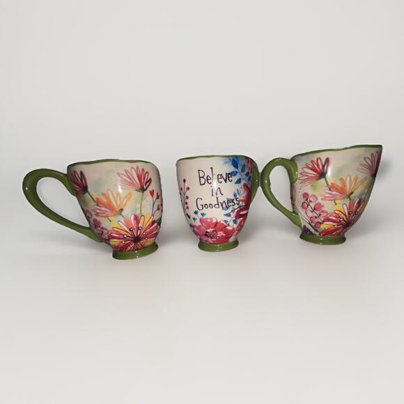 Lot of 3 Cracker Barrel Coffee Mugs "Believe In Goodness" Green Floral Cups - Picture 1 of 8